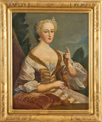 une peinture à l'huile représentant une femme en robe blanche tenant un bâton