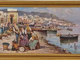 a painting of a group of people by the water