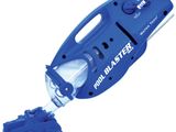 a close up of a blue and white vacuum cleaner on a white background