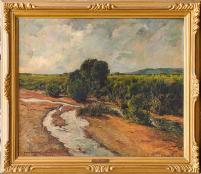 an oil painting of a landscape with a river in the foreground