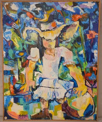 une peinture à l'huile représentant une femme en robe blanche assise sur une chaise