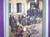 un tableau représentant un groupe de personnes devant un bâtiment