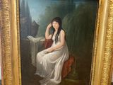 a painting of a woman in a white dress sitting on a chair