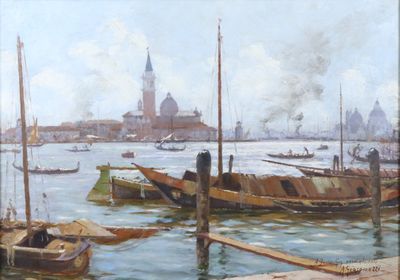 tableau représentant des bateaux dans un port, avec une église en arrière-plan