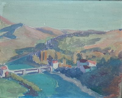 painting of a landscape with a river and a bridge in the foreground