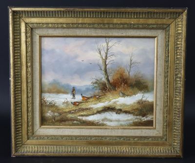 an oil painting of a man and two dogs in a snowy landscape