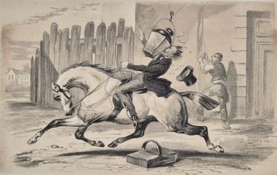 un dessin représentant un homme à cheval dans la rue