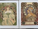 deux gravures Art nouveau encadrées représentant une femme et un oiseau