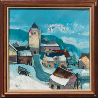 an oil painting of a village in the snow with a clock tower