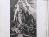 an old black and white drawing of a woman and a dragon