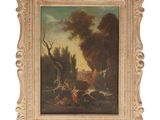 a painting of a landscape with figures in the foreground and trees in the background