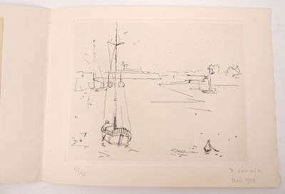 an open book with a drawing of a boat in a body of water