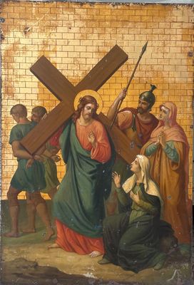 une image représentant un tableau où l'on voit Jésus portant la croix, entouré d'autres personnes