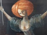 a painting of a woman holding a stick in her hand