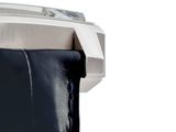 close up of a watch with a black leather strap on a white background