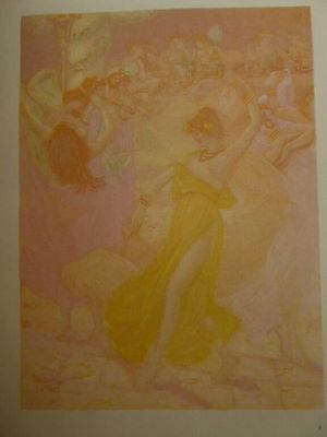Un tableau représentant une femme en robe jaune est accroché au mur