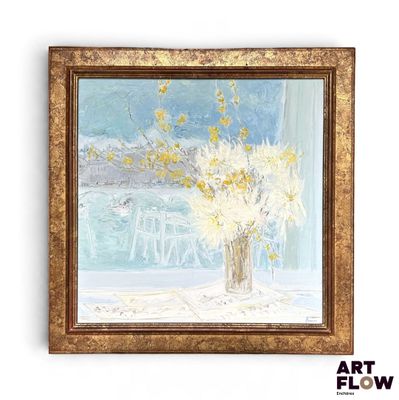 a painting of flowers in a vase on a window sill