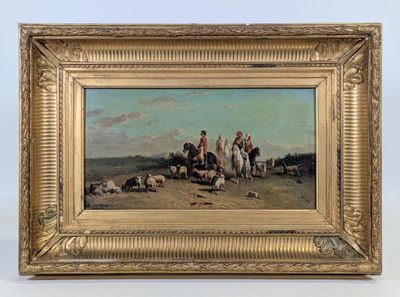 une image représentant un tableau où figurent un groupe de personnes et d'animaux