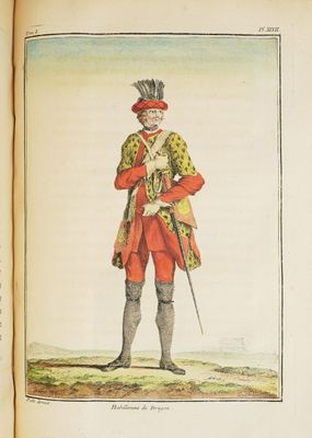 an old book with a drawing of a man in a red outfit