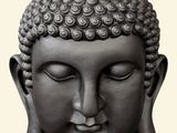 statue représentant une tête de Bouddha aux yeux fermés sur fond blanc