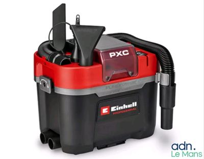 a close up of a red and black vacuum on a white background