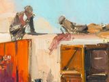 a painting of a man standing on top of a building