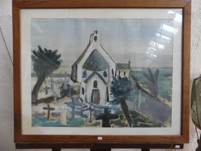une photo d'un tableau représentant une église, dans un cadre