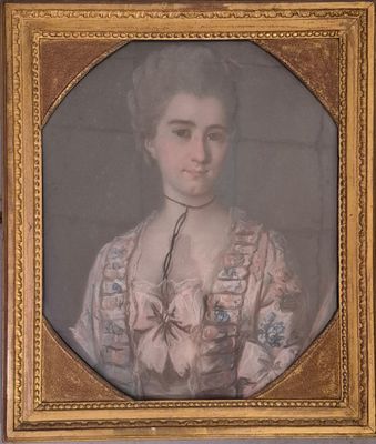 portrait of a woman in a pink dress with a gold frame
