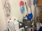 a room with a shelf and a rack with cleaning supplies on it