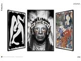 three framed pictures of a man with a headdress and a woman with a crown