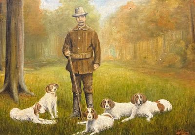 un tableau représentant un homme debout dans un champ avec ses chiens