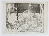 un dessin en noir et blanc représentant une ville, dans une image