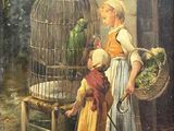 a painting of a woman and a child with a bird in a cage