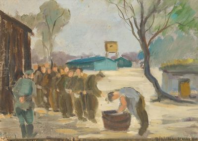 tableau représentant un groupe d'hommes rassemblés autour d'un homme assis dans un seau