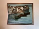 a painting on the wall of a room with two boats in the water