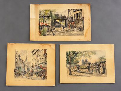 trois anciennes aquarelles représentant une scène de rue avec une calèche