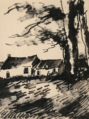 an image of a black and white drawing of a house and trees
