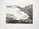 un dessin à l'encre représentant une femme surfant sur une vague avec sa planche de surf