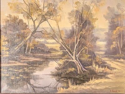 a painting of a river with trees in the background