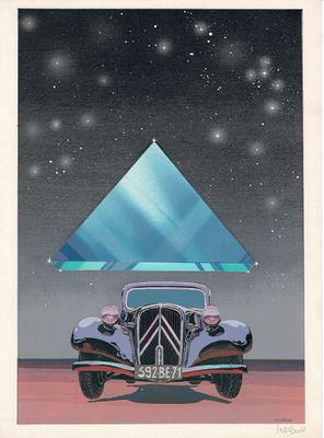un tableau représentant une vieille voiture surmontée d'une pyramide