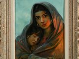 an oil painting of a woman and child wrapped in a blanket