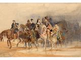 painting of a group of people riding on horses in a field