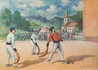 painting of a group of men playing a game of baseball in front of a church