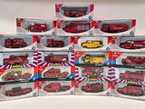 a lot of red and yellow toy fire trucks in the box