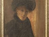 un tableau représentant une femme portant un chapeau noir et une robe noire