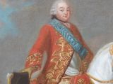 painting of a man in a red coat riding a white horse