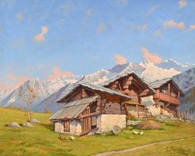un tableau représentant une maison sur une colline, avec des montagnes en arrière-plan