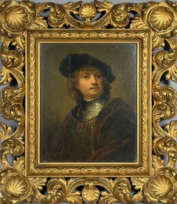 un tableau représentant un homme coiffé d'un chapeau noir, dans un cadre doré