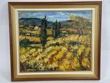 une peinture à l'huile représentant un champ avec des arbres et une maison au loin