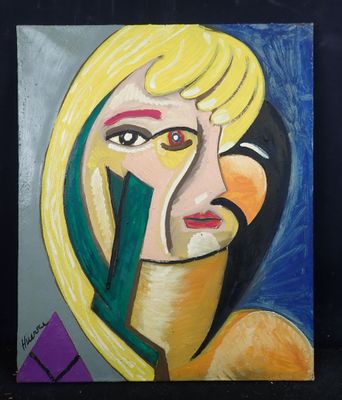 un tableau représentant une femme avec un foulard vert sur la tête